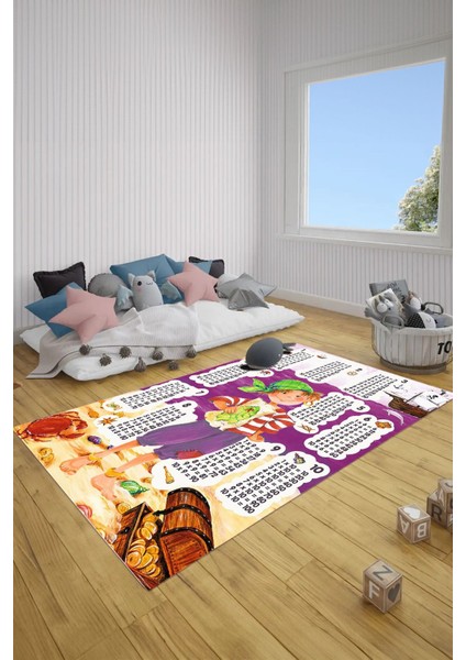 Dijital Baskılı Çarpım Tablo Desenli Yıkanabilir Kaymaz Taban Çocuk Odası Halısı, Çocuk-78-Mor, modelleri