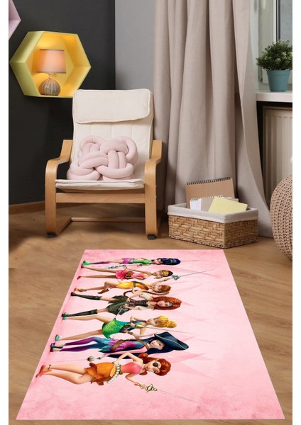 Baskılı Çizgi Film Kahraman Kızlar Figürlü Yıkanabilir Kaymaz Çocuk Odası Halısı, Çocuk-97-Pembe,