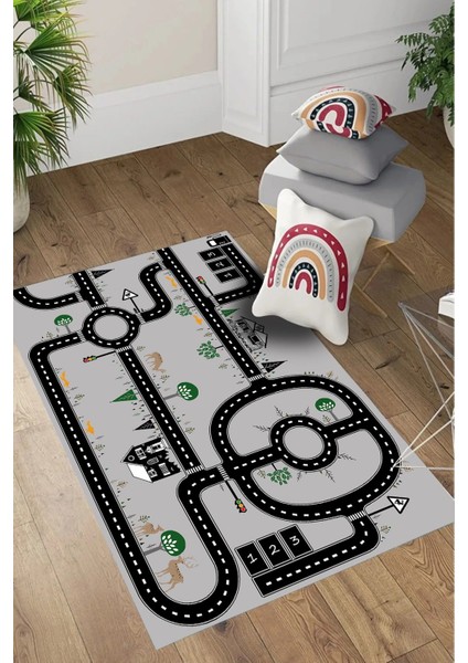 Dijital Baskılı Otomobil Yol Desenli Yıkanabilir Kaymaz Taban Çocuk Odası Halısı, Çocuk-55-Gri, fırsatları