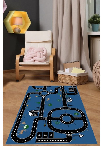 Dijital Baskılı Otomobil Yol Desenli Yıkanabilir Kaymaz Taban Çocuk Odası Halısı, Çocuk-55-Mavi,