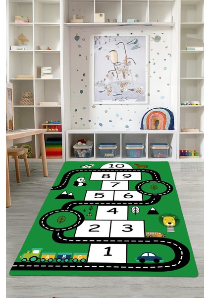 Dijital Baskılı Seksekli Yol Desenli Yıkanabilir Kaymaz Taban Çocuk Odası Halısı, Çocuk-57-Yeşil,