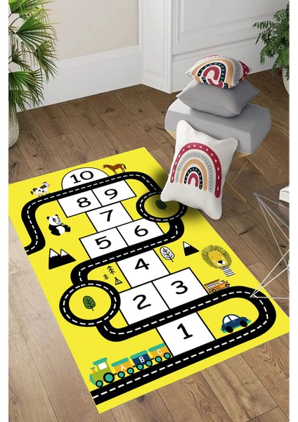 Dijital Baskılı Seksekli Yol Desenli Yıkanabilir Kaymaz Taban Çocuk Odası Halısı, Çocuk-57-Sarı,