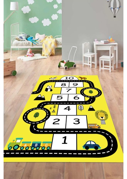 Dijital Baskılı Seksekli Yol Desenli Yıkanabilir Kaymaz Taban Çocuk Odası Halısı, Çocuk-57-Sarı,