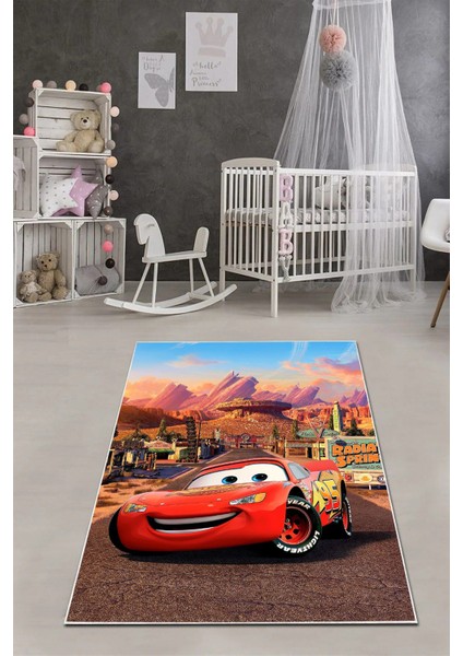 Dijital Baskılı Araba Desenli Yıkanabilir Kaymaz Taban Çocuk Odası Halısı, Çocuk-60-Kırmızı,