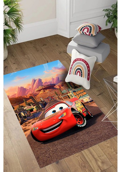 Dijital Baskılı Araba Desenli Yıkanabilir Kaymaz Taban Çocuk Odası Halısı, Çocuk-60-Kırmızı,