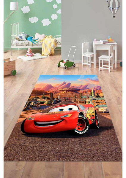 Dijital Baskılı Araba Desenli Yıkanabilir Kaymaz Taban Çocuk Odası Halısı, Çocuk-60-Kırmızı,