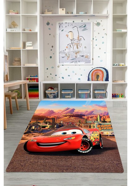 Dijital Baskılı Araba Desenli Yıkanabilir Kaymaz Taban Çocuk Odası Halısı, Çocuk-60-Kırmızı,