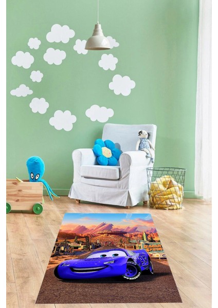 Dijital Baskılı Araba Desenli Yıkanabilir Kaymaz Taban Çocuk Odası Halısı, Çocuk-60-Mavi,