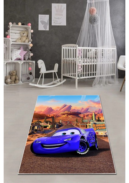 Dijital Baskılı Araba Desenli Yıkanabilir Kaymaz Taban Çocuk Odası Halısı, Çocuk-60-Mavi, fiyatları