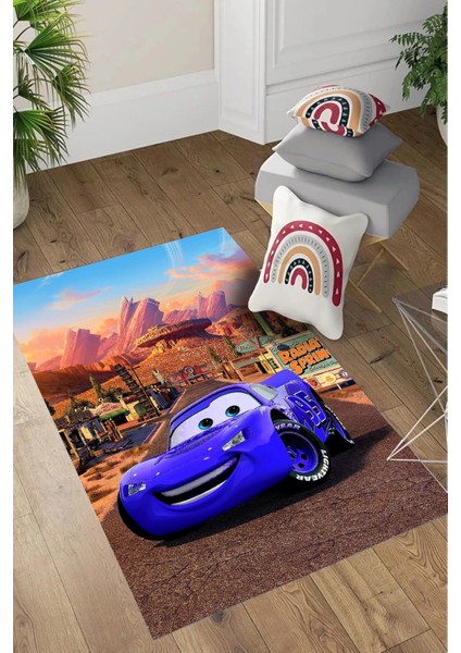 Dijital Baskılı Araba Desenli Yıkanabilir Kaymaz Taban Çocuk Odası Halısı, Çocuk-60-Mavi, modelleri