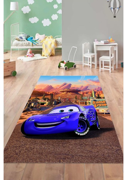 Dijital Baskılı Araba Desenli Yıkanabilir Kaymaz Taban Çocuk Odası Halısı, Çocuk-60-Mavi, fırsatları