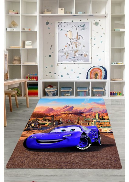 Dijital Baskılı Araba Desenli Yıkanabilir Kaymaz Taban Çocuk Odası Halısı, Çocuk-60-Mavi, indirimleri