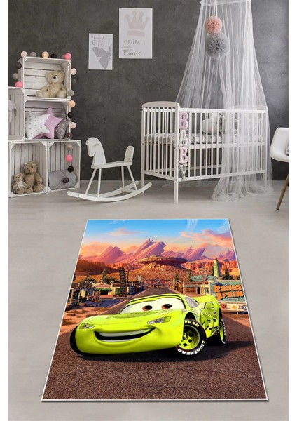 Dijital Baskılı Araba Desenli Yıkanabilir Kaymaz Taban Çocuk Odası Halısı, Çocuk-60-Sarı, fiyatları