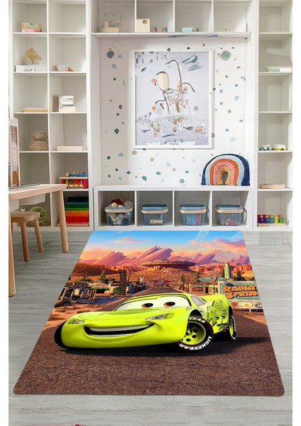 Dijital Baskılı Araba Desenli Yıkanabilir Kaymaz Taban Çocuk Odası Halısı, Çocuk-60-Sarı, indirimleri
