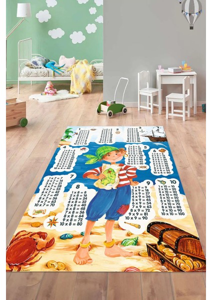 Dijital Baskılı Çarpım Tablo Desenli Yıkanabilir Kaymaz Taban Çocuk Odası Halısı, Çocuk-78-Mavi,