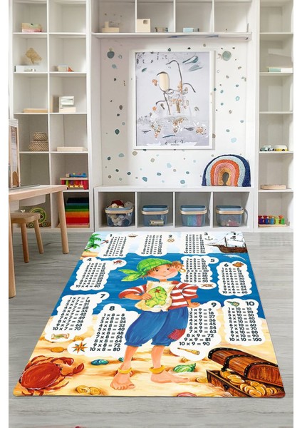 Dijital Baskılı Çarpım Tablo Desenli Yıkanabilir Kaymaz Taban Çocuk Odası Halısı, Çocuk-78-Mavi,