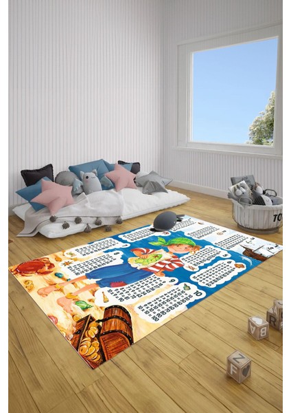 Dijital Baskılı Çarpım Tablo Desenli Yıkanabilir Kaymaz Taban Çocuk Odası Halısı, Çocuk-78-Mavi,