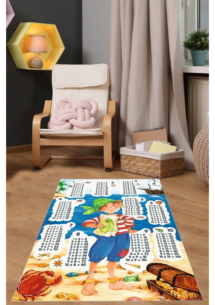 Dijital Baskılı Çarpım Tablo Desenli Yıkanabilir Kaymaz Taban Çocuk Odası Halısı, Çocuk-78-Mavi,