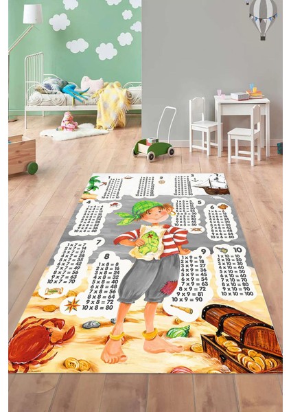 Dijital Baskılı Çarpım Tablo Desenli Yıkanabilir Kaymaz Taban Çocuk Odası Halısı, Çocuk-78-Gri,