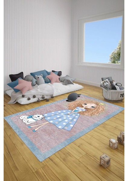 Baskılı Çizgi Film Kedi Ve Kız Karakter Desenli Yıkanabilir Kaymaz Çocuk Halısı, Çocuk-80-Turkuaz,