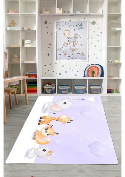 Dijital Baskılı Hayvan Karakterli Yıkanabilir Kaymaz Taban Çocuk Odası Halısı, Çocuk-86-Mor,