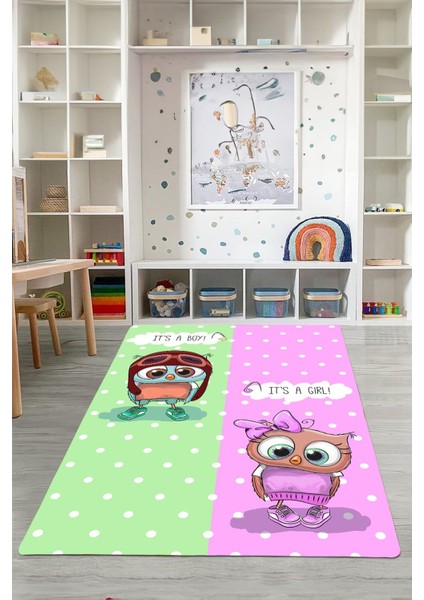 Dijital Baskılı Iki Renkli Desen Yıkanabilir Kaymaz Taban Çocuk Odası Halısı, Çocuk-83-Yeşil,