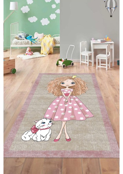Baskılı Çizgi Film Kedi Ve Kız Karakter Desenli Yıkanabilir Kaymaz Çocuk Halısı, Çocuk-80-Pembe,