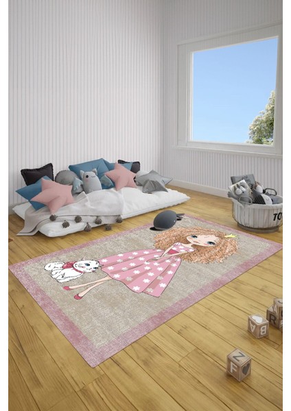 Baskılı Çizgi Film Kedi Ve Kız Karakter Desenli Yıkanabilir Kaymaz Çocuk Halısı, Çocuk-80-Pembe,