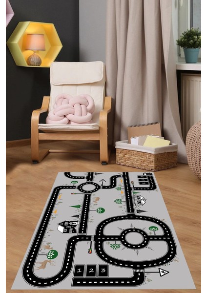 Dijital Baskılı Otomobil Yol Desenli Yıkanabilir Kaymaz Taban Çocuk Odası Halısı, Çocuk-55-Gri,
