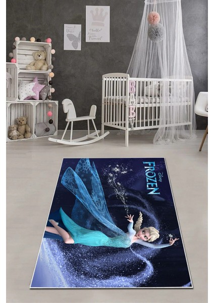 Dijital Baskılı Buz Kraliçe Model Yıkanabilir Kaymaz Taban Çocuk Odası Halısı, Çocuk-65-Mavi,