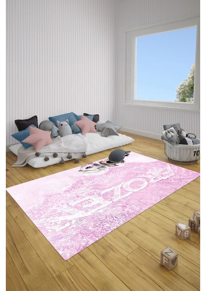 Baskılı Çizgi Film Kız Karakter Desenli Yıkanabilir Kaymaz Çocuk Odası Halısı, Çocuk-66-Pembe,