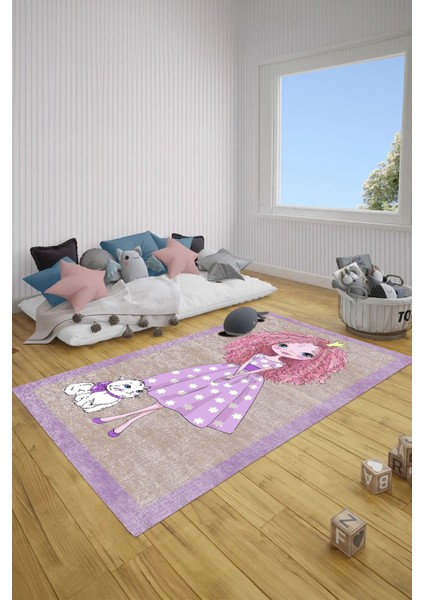 Baskılı Çizgi Film Kedi Ve Kız Karakter Desenli Yıkanabilir Kaymaz Çocuk Halısı, Çocuk-80-Mor,
