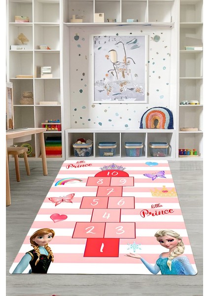 Baskılı Kraliçeli Seksek Model Yıkanabilir Kaymaz Taban Çocuk Odası Halısı, Çocuk-76-Kırmızı,