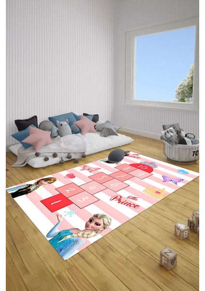 Baskılı Kraliçeli Seksek Model Yıkanabilir Kaymaz Taban Çocuk Odası Halısı, Çocuk-76-Kırmızı,