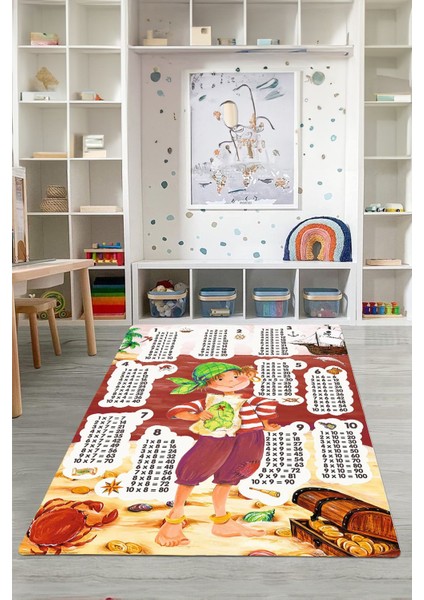 Dijital Baskılı Çarpım Tablo Desenli Yıkanabilir Kaymaz Taban Çocuk Odası Halısı, Çocuk-78-Kırmızı,