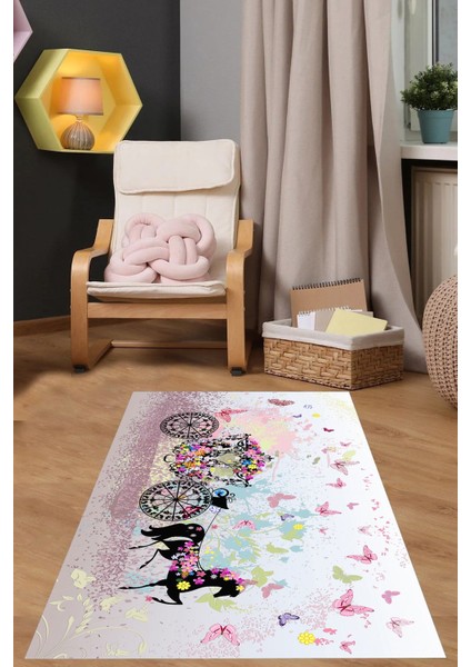 Dijital Baskılı Çiçekli At Arabası Desenli Yıkanabilir Kaymaz Çocuk Odası Halısı, Çocuk-99-Pembe,