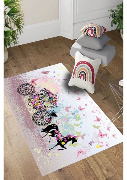 Dijital Baskılı Çiçekli At Arabası Desenli Yıkanabilir Kaymaz Çocuk Odası Halısı, Çocuk-99-Pembe,