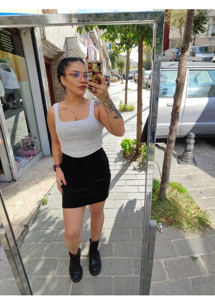 kadıfe Beli Lastikli Astarsız Mini Etek modelleri