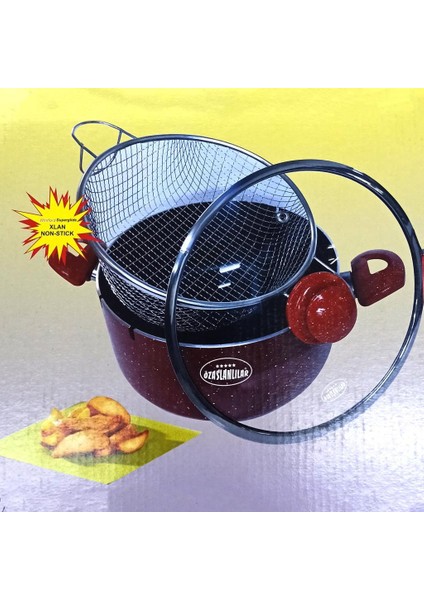 Granit Döküm Alüminyum Gövde Dış Yüzey Seramik 24CM Ultra Lüx Cam Kapaklı Sepetli Kızartma Tenceresi