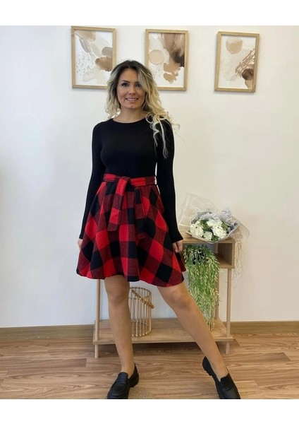 Kadın Uzun Kollu Bisiklet Yaka Üst Viskon Alt Ekose Kısa Elbise fırsatları