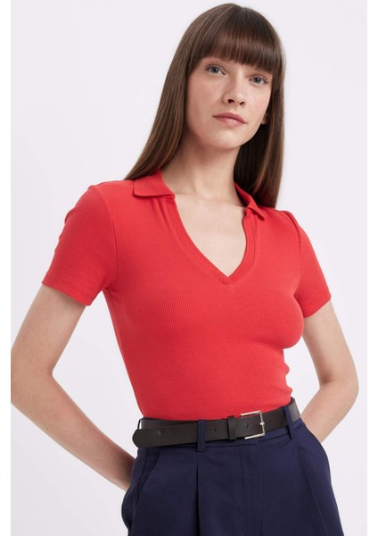 Slim Fit Dar Kesim Fitilli Kaşkorse Kısa Kollu Polo Tişört C4076AX24SP