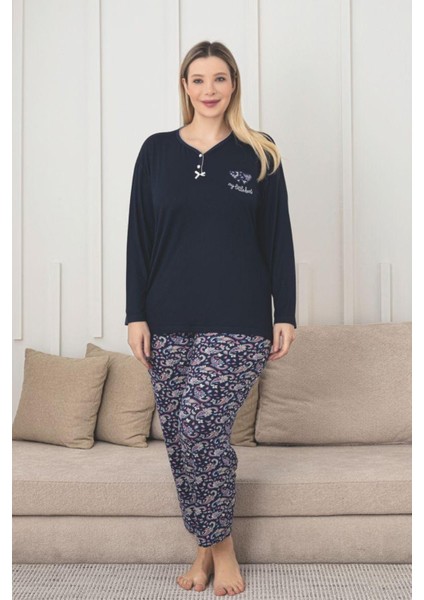 X-Dreamy Büyük Beden Viskon Desenli Uzun Kollu Pijama Takımı