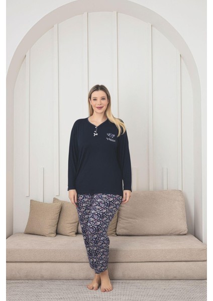 X-Dreamy Büyük Beden Viskon Desenli Uzun Kollu Pijama Takımı