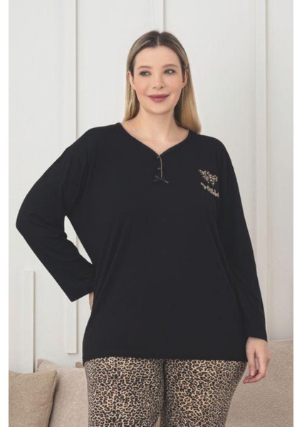X-Dreamy Büyük Beden Viskon Desenli Uzun Kollu Pijama Takımı