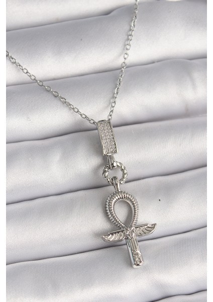 316L Çelik Gümüş Renk Zincir Ankh Model Kadın Kolye