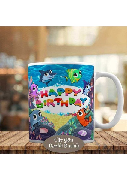 Happy Birthday Yazılı Renkli Balıklı Kupa Bardak HEDIYELIK-467