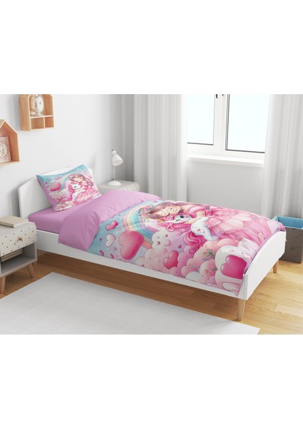 Prenses ve Unicorn 3D Dijital Baskılı Tek Kişilik Nevresim Takımı Kız Çocuk Nevresim Takımı