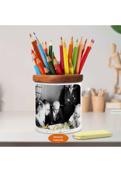 Harita Inceleyen Mustafa Kemal Atatürk Ahşap Seramik Kalemlik -8