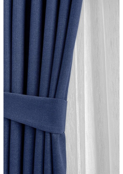 Lacivert Şık Doğal Keten Fon Perde - Tek Kanat ve Bağlama Koluyla Beraber