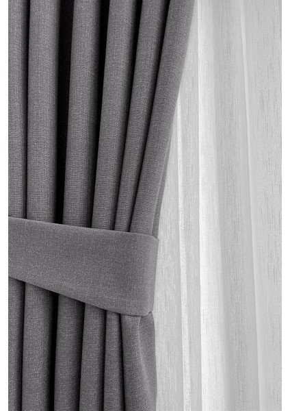 Antrasit Şık Doğal Keten Fon Perde - Sık Pileli Tek Kanat + Bağlama Kolu